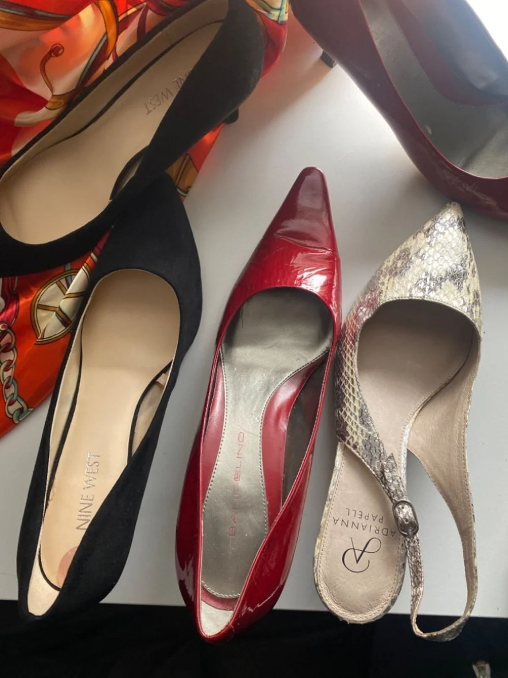 Low heel bundle 7.5 black suede , red , snake print sling back